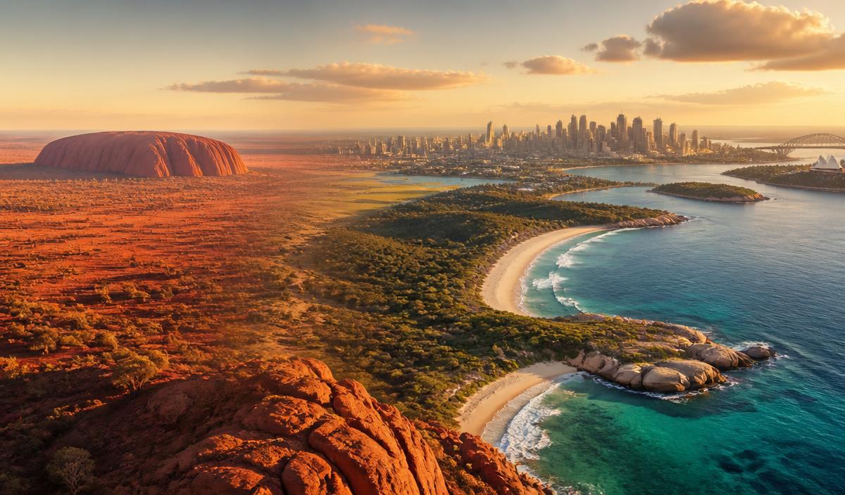 Australian outback, coastline and city skyline at golden light
