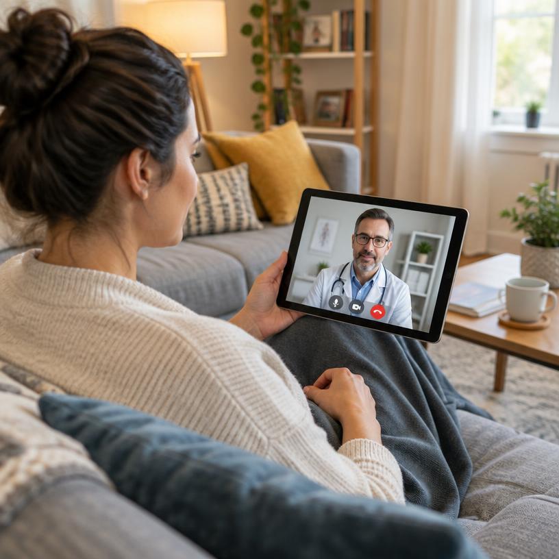 Patient at home speaking with a doctor on a tablet