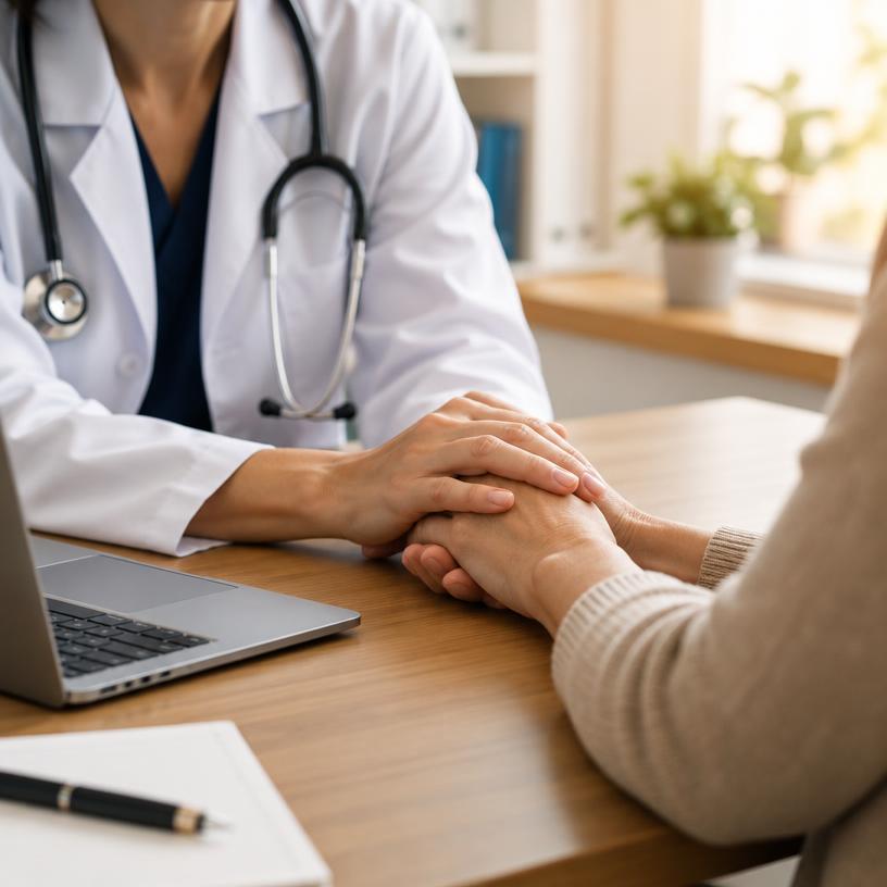 Doctor holding a patient's hand across a desk
