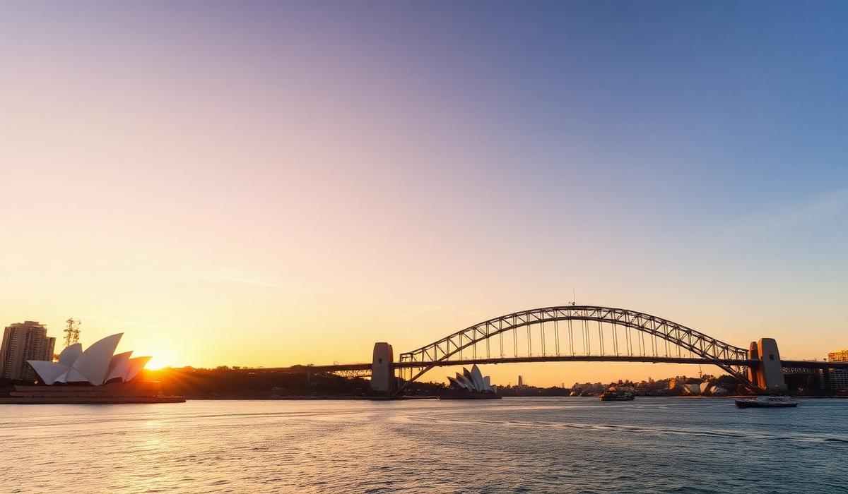 Sydney Harbour Bridge and Opera House at sunset, NSW