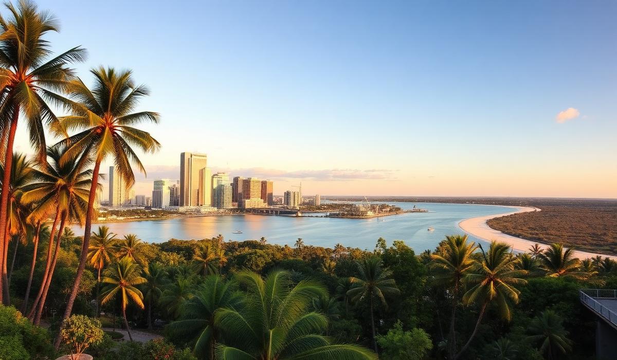 Brisbane skyline and Queensland coastline