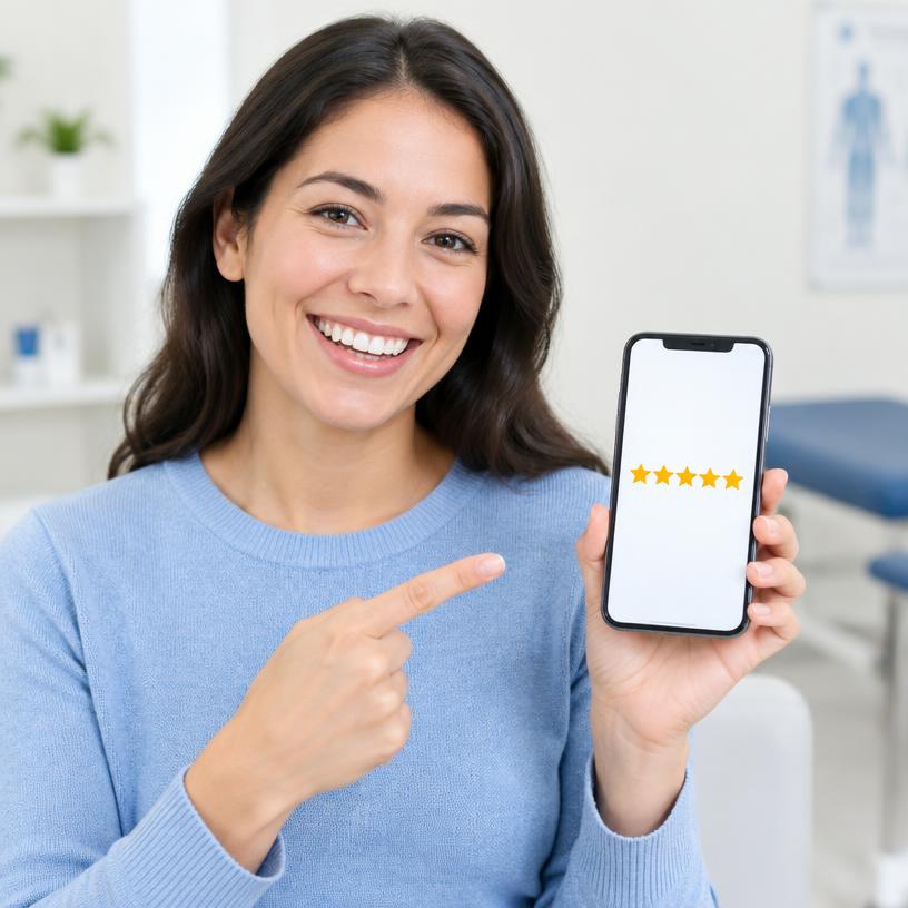 Patient holding a phone showing a five star rating