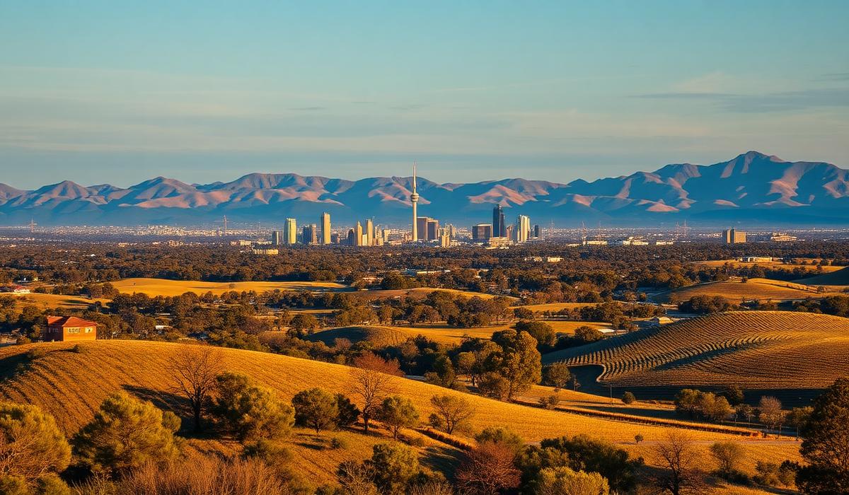 Adelaide skyline with hills and vineyards, South Australia