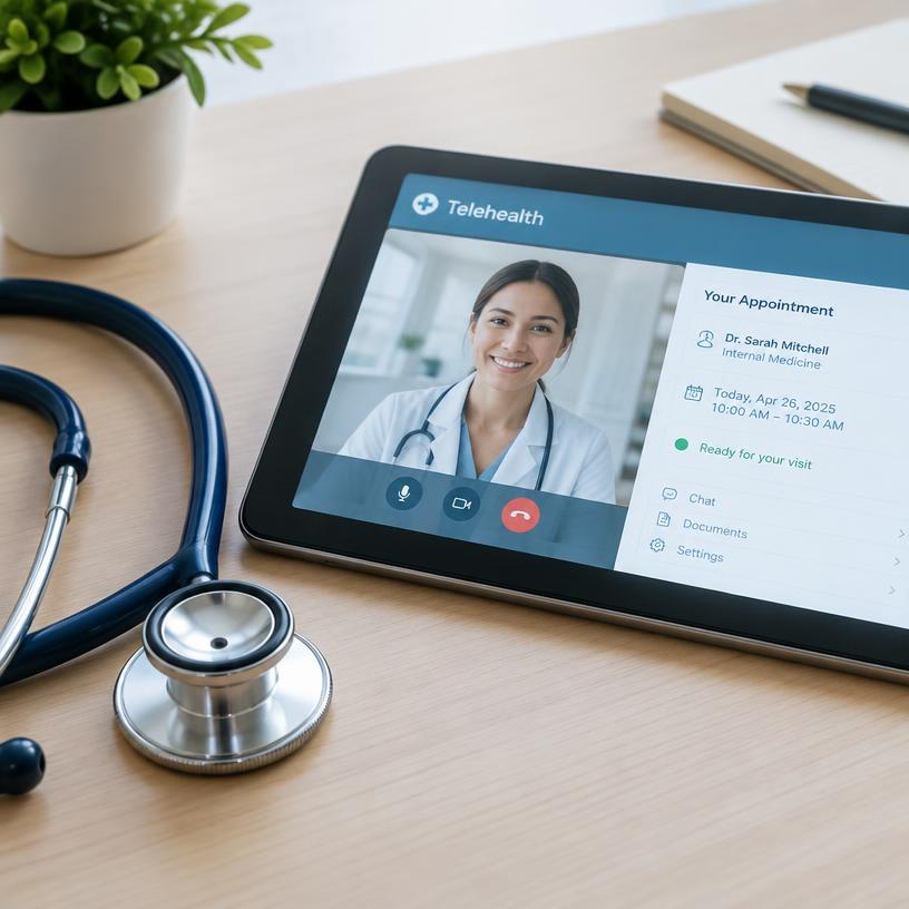 Tablet showing a telehealth appointment beside a stethoscope