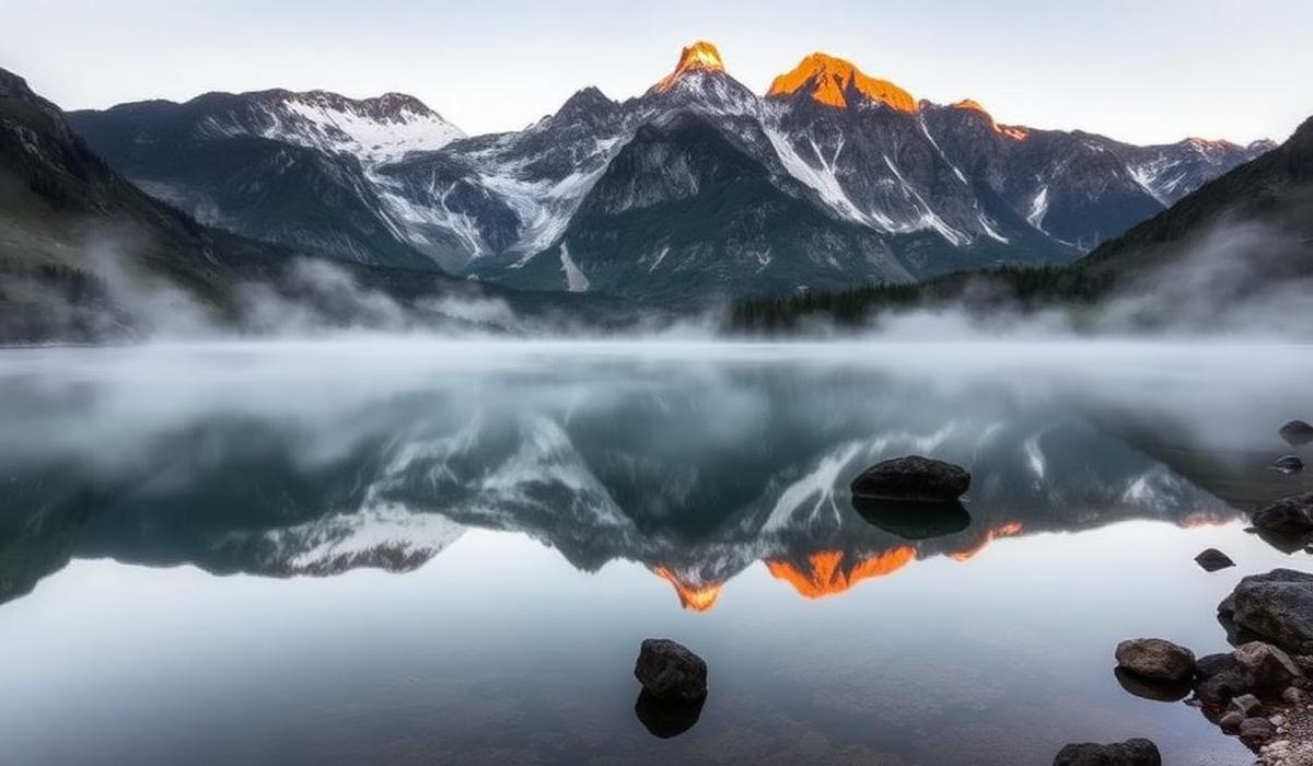 Mountain wilderness reflected in a still lake, Tasmania