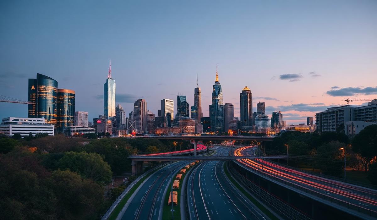 Melbourne skyline at dusk across the Yarra River, Victoria