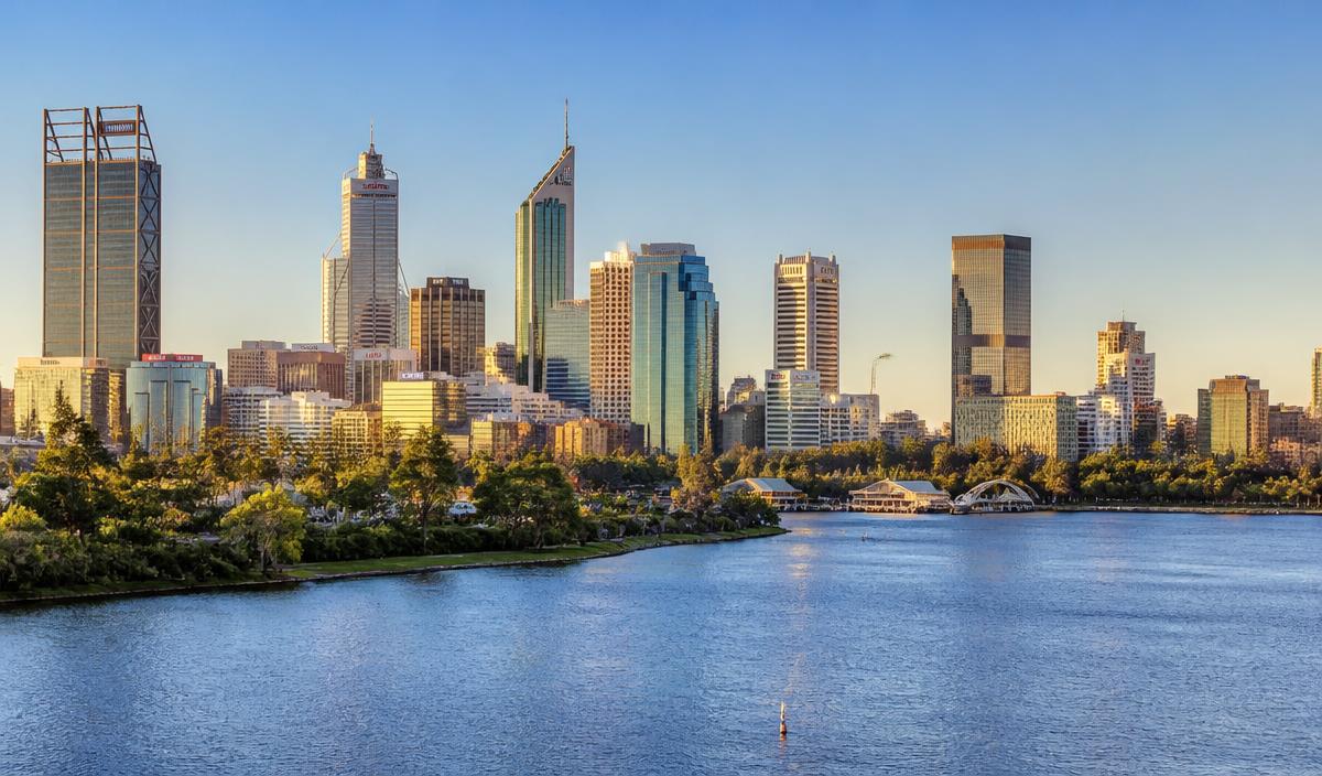 Perth city skyline across the Swan River, Western Australia